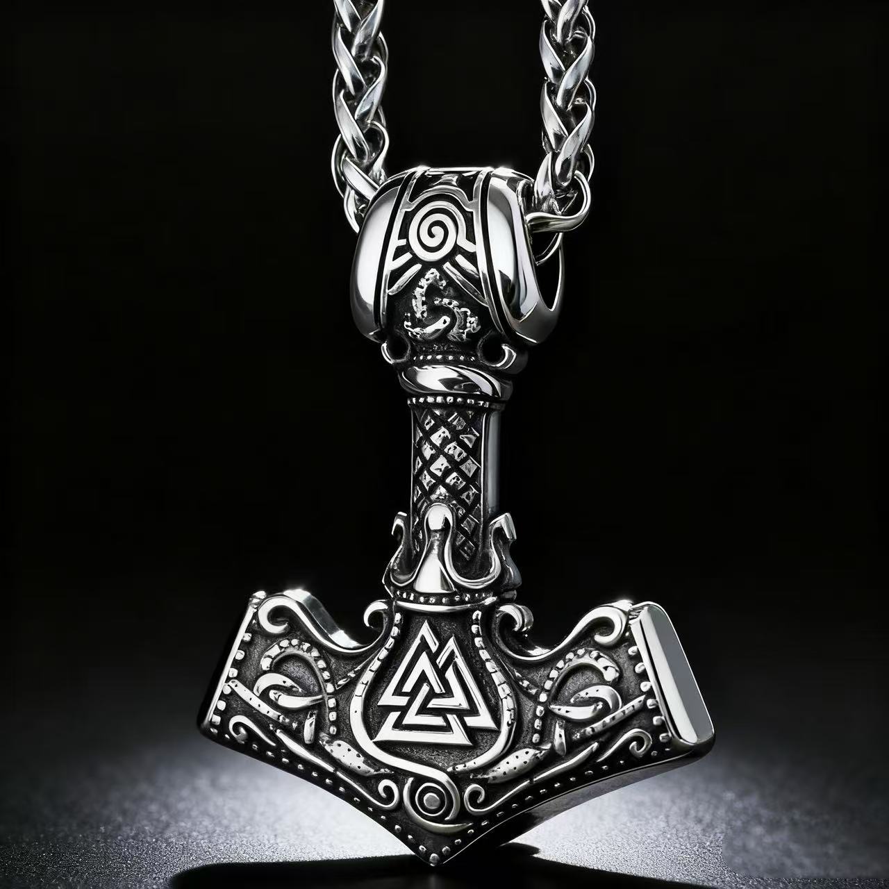 Battle Rope Anchor - HNSP 316L Edelstahl Nordische Odin-Knoten-Mjölnir-Anhänger-Halskette für